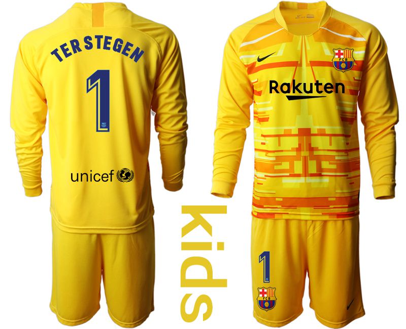 Youth 2019-2020 club Barcelona yellow goalkeeper long sleeve #1 Soccer Jerseys->barcelona jersey->Soccer Club Jersey